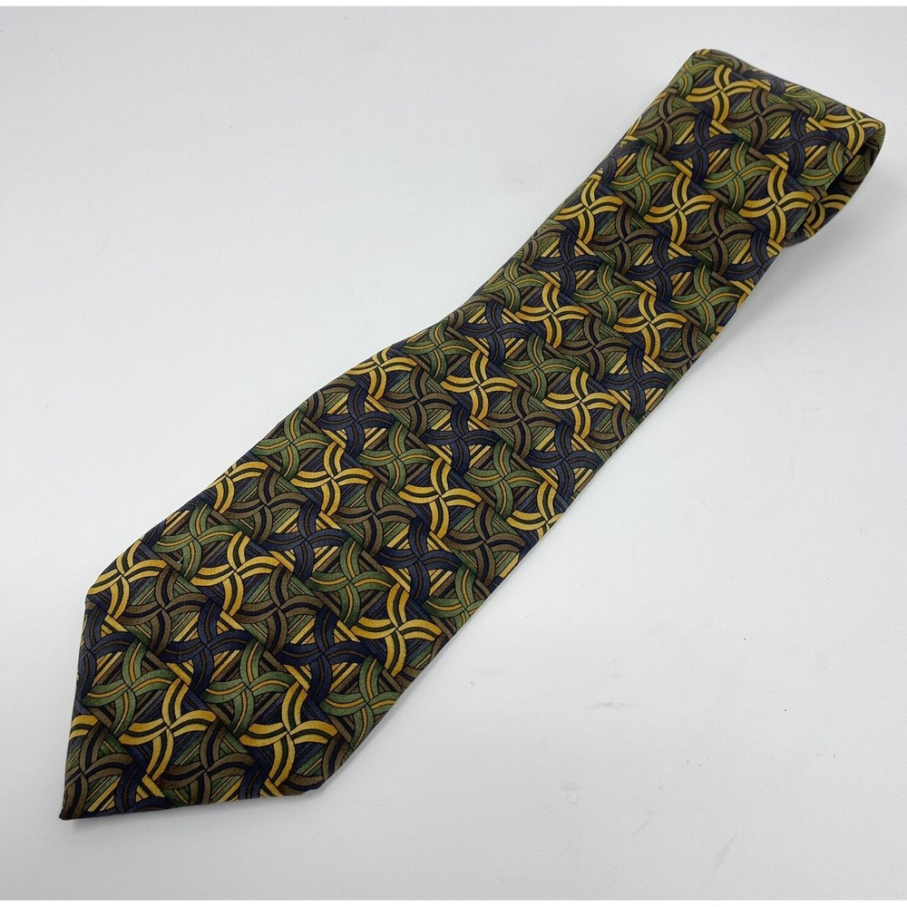 J Garcia Tie 56"x3.5" Curves Lines Collection Ten Green Yellow Necktie 100% Silk
